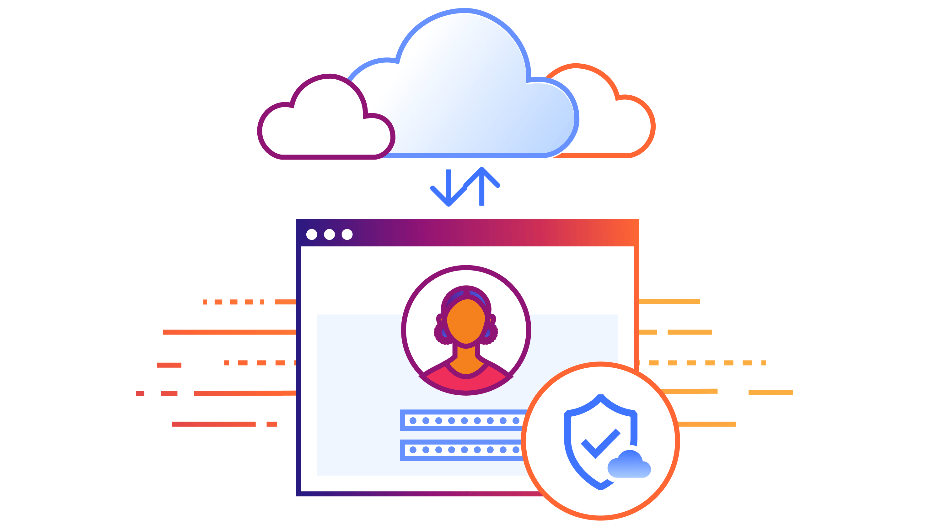 Illustrazione di SaaS sicuro che mostra lo schermo di un computer protetto che interagisce con il cloud